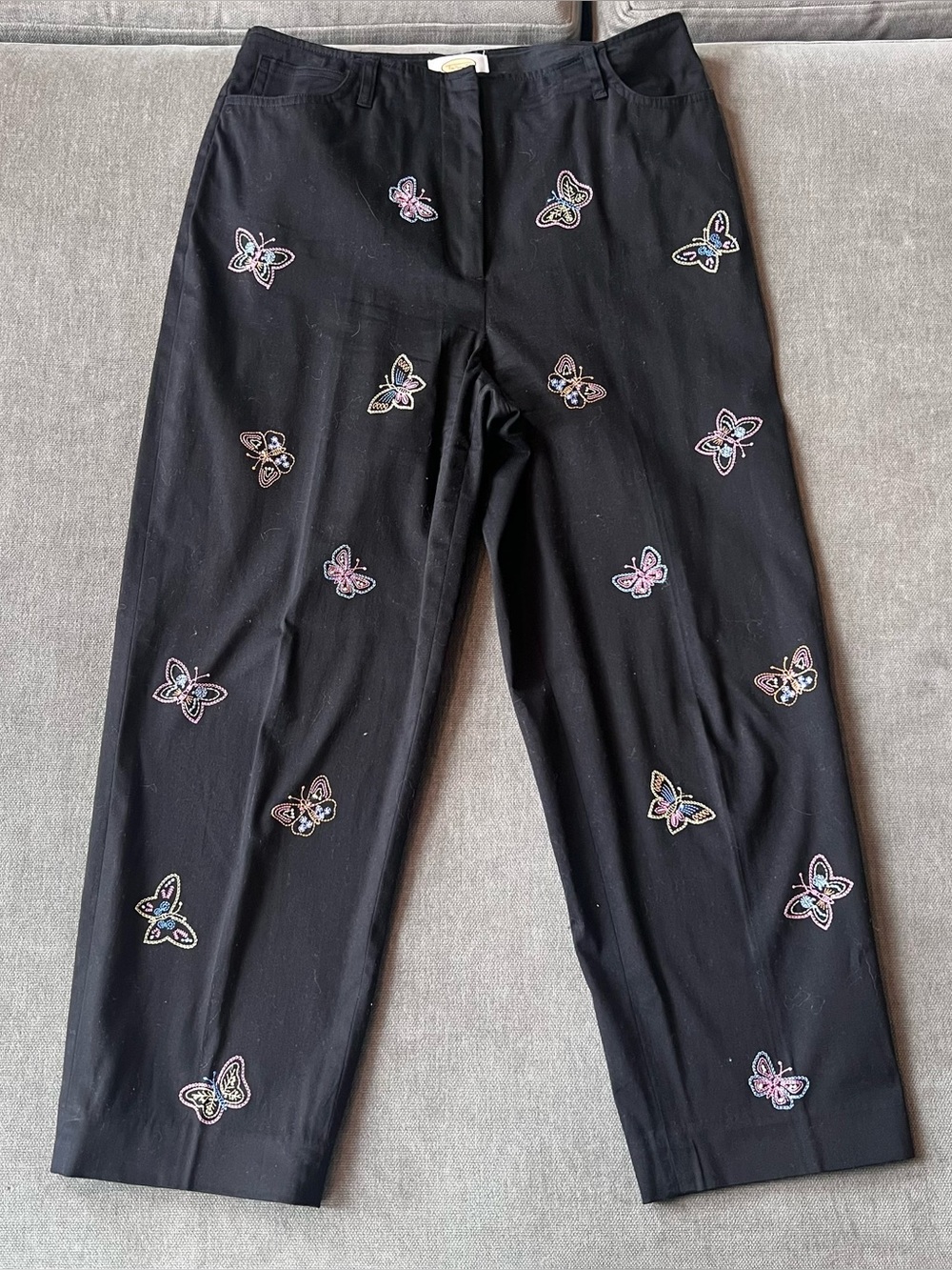 Vintage Talbots Butterfly Embroidered Pants Black 8 Stretch‎ Cotton Straight Leg